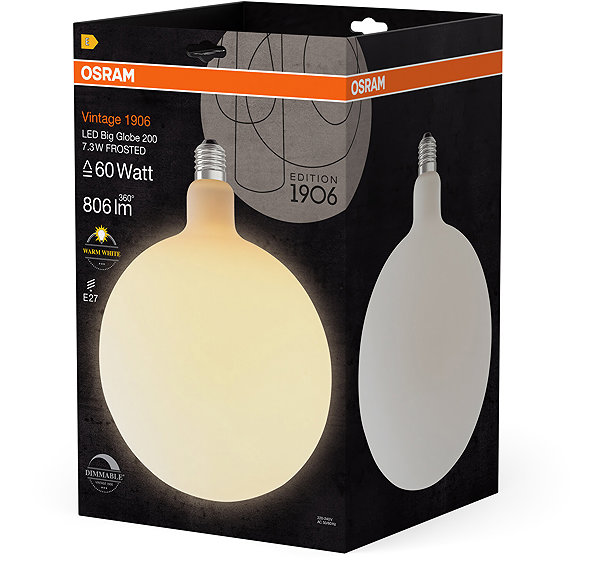 LED bulb OSRAM frosted LED bulb large E27 7.3W VINTAGE GLOBE, warm white .