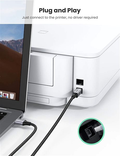 Dátový kábel UGREEN USB-A Male to USB-B 2.0 Printer Cable Alu Case with Braid 1 m  (Black) ...