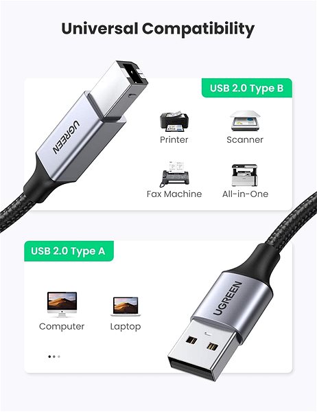Adatkábel UGREEN USB-A to USB-B Printer Cable Aluminum Case Braided 1.5m Black ...