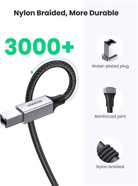 Dátový kábel UGREEN USB-A to USB-B Printer Cable Aluminum Case Braided 1.5 m (Black) ...