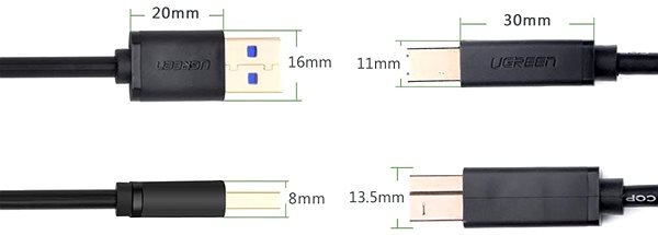 Adatkábel Ugreen USB 3.0 A (M) to USB 3.0 B (M) Data Cable Black 2m Műszaki vázlat