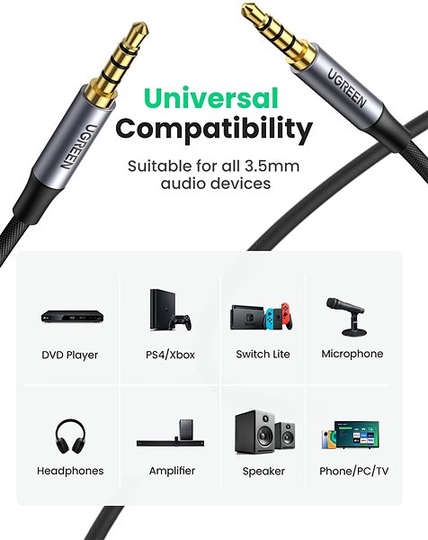 Audio kábel UGREEN 3.5mm Male to Male Three-Pole Microphone Cable Jellemzők/technológia