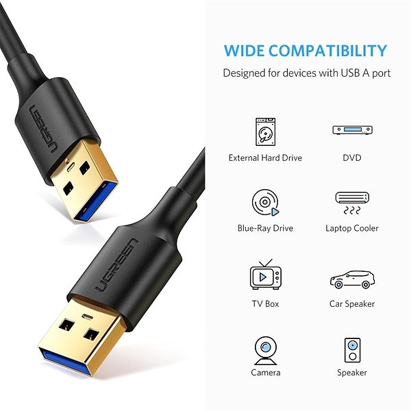 Adatkábel Ugreen USB 3.0 (M) to USB 3.0 (M) Cable Black 0.5m Műszaki vázlat