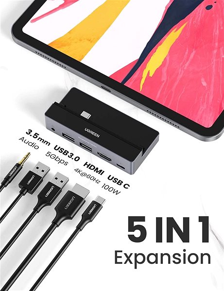 Port-Replikator Ugreen USB-C zu 2 x USB3.0 + HDMI + 3,5 mm + PD Konverter Anschlussmöglichkeiten (Ports)