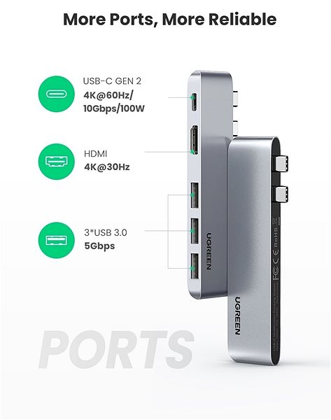 Port replikátor Ugreen Dual USB-C To HDMI+3xUSB 3.0 A+Type C Female Converter Jellemzők/technológia