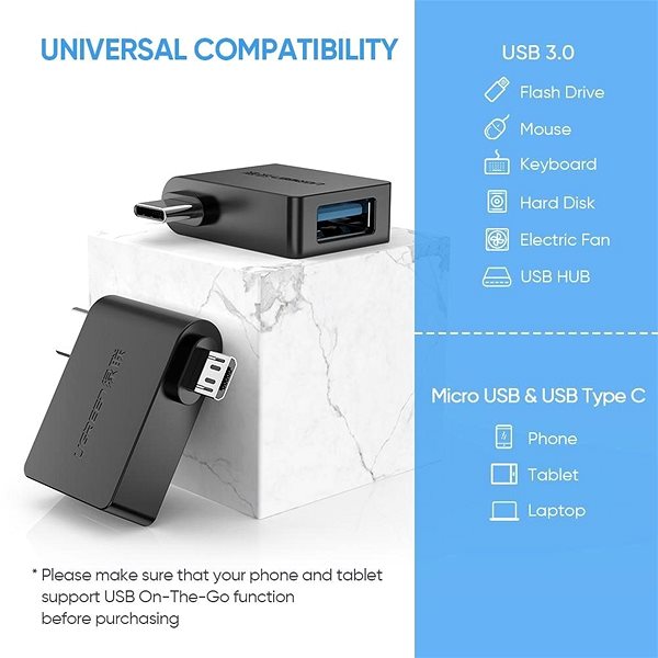 Adapter Ugreen Micro USB (M) + USB-C (M) zu USB 3.0 (F) OTG Adapter Schwarz Mermale/Technologie