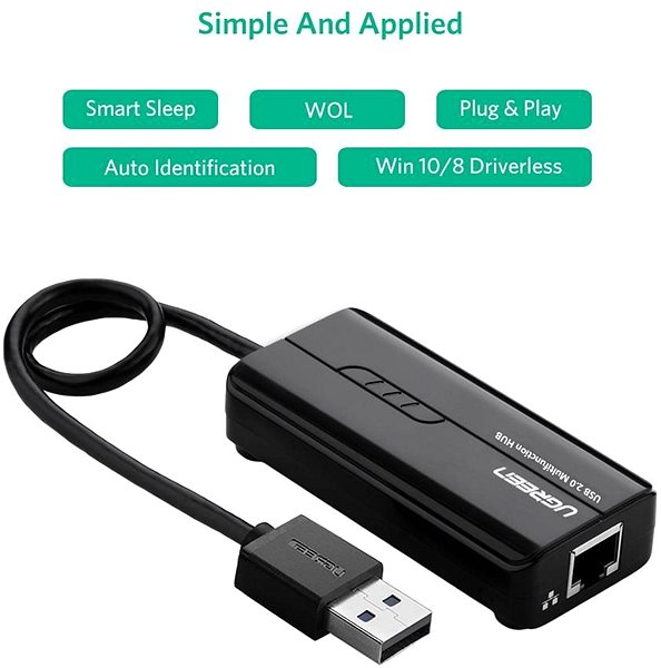 USB Hub Ugreen USB-A Hub zu Ethernet + 3 x USB-A 2.0 Seitlicher Anblick