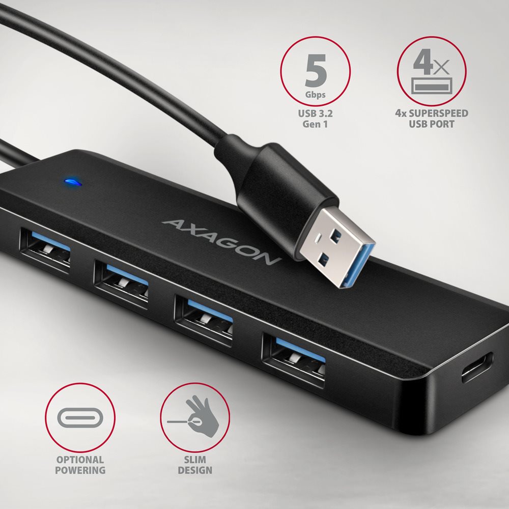 USB Hub AXAGON HUE-C1A TRAVEL Hub, USB-A 5Gbps, 4x USB-A, USB-C power IN, cable 19 cm ...