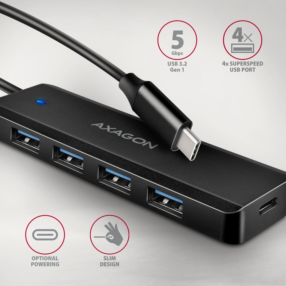 USB Hub AXAGON HUE-C1C TRAVEL Hub, USB-C 5Gbps, 4x USB-A, USB-C power IN, cable 19 cm ...