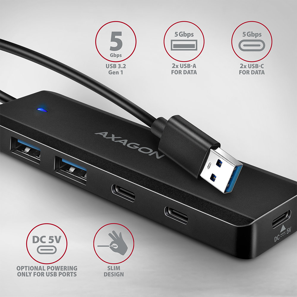 USB Hub AXAGON HUE-C2A TRAVEL Hub, USB-A 5Gbps, 2x USB-A, 2x USB-C Power IN, 19 cm cable ...