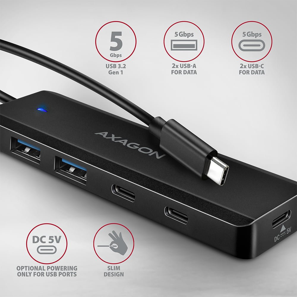 USB Hub AXAGON HUE-C2C TRAVEL Hub, USB-C 5Gbps, 2x USB-A, 2x USB-C Power IN, 19 cm cable ...