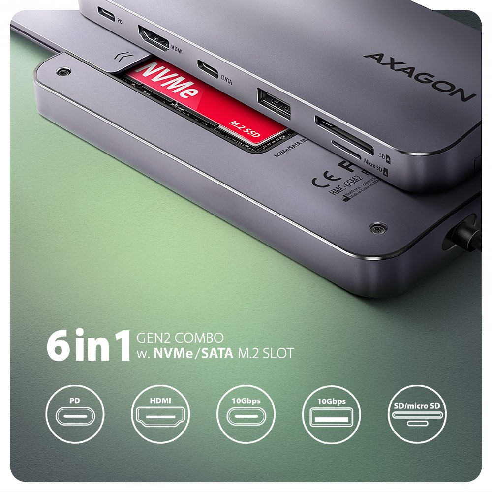 Docking Station AXAGON HMC-6GM2 6in1 Combo Hub, USB-C 10Gbps, USB-A, USB-C, HDMI 4k/60Hz, SD/mSD, M.2 slot, PD 100W ...