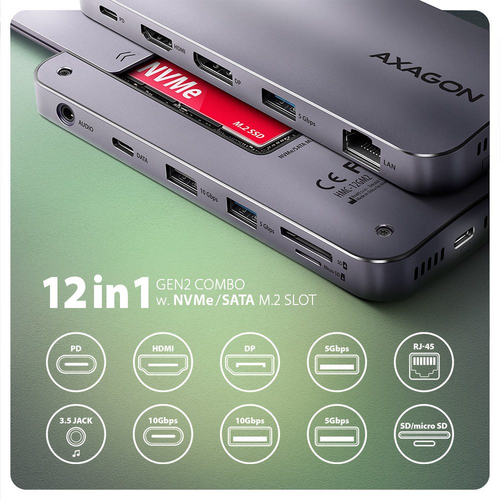 Dokkoló állomás AXAGON HMC-12GM2 Combo Hub, USB-C 10Gbps, 3x USB-A, USB-C, HDMI, DP, RJ-45, SD/mSD, M.2 slot, audio ...