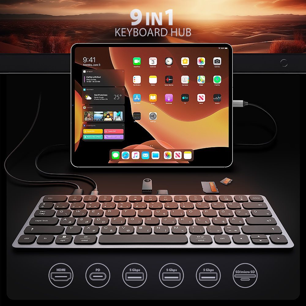 Docking Station AXAGON HMC-KB-HU Keyboard Hub, USB-C 5Gbps, 3x USB-A, HDMI 4k/60Hz, SD/mSD, audio, PD 100W ...