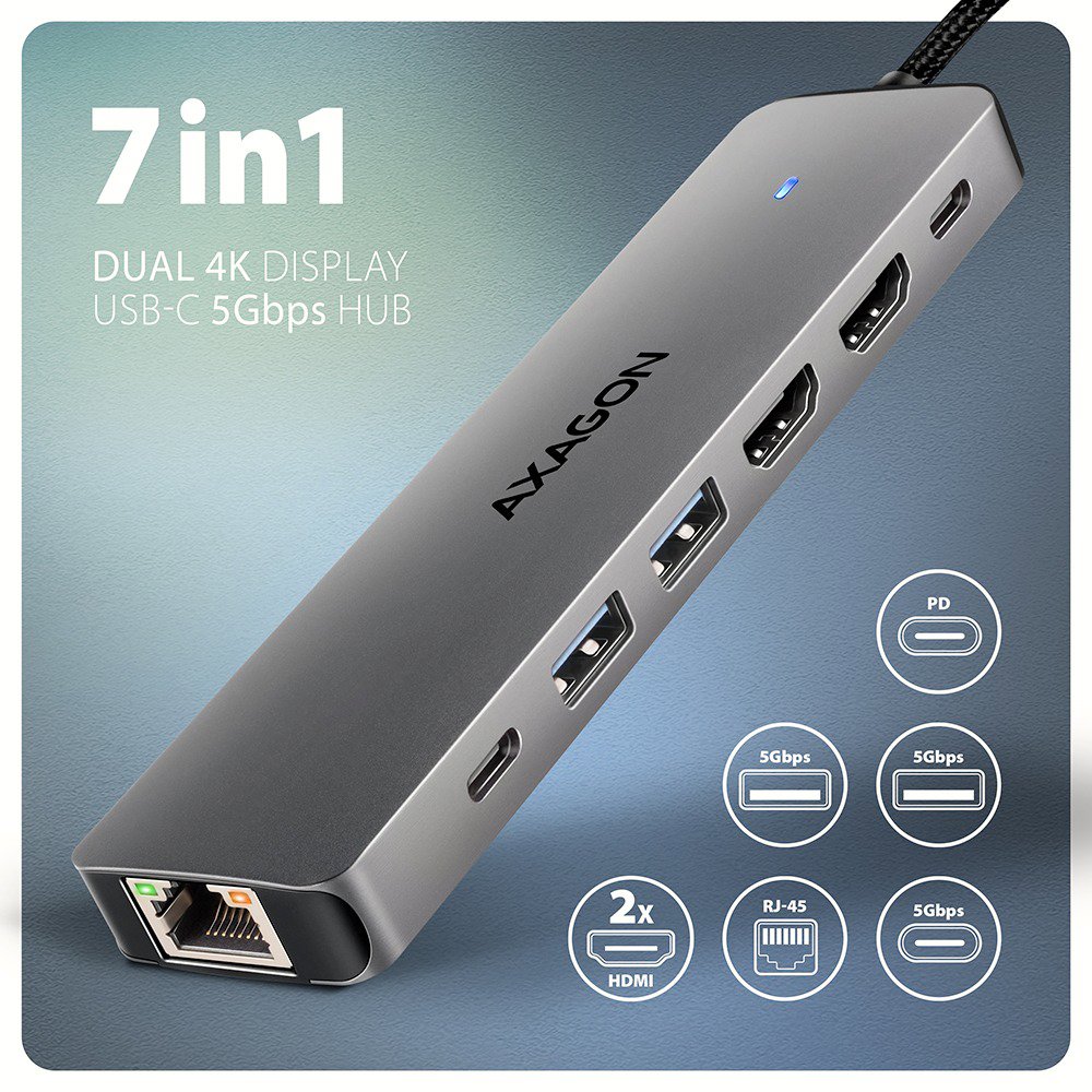 Dokkoló állomás AXAGON HMC-7HX2, 7in1 Hub, USB-C 5Gbps, 2x USB-A, 1x USB-C, 2x HDMI 4k/60, RJ-45, PD 100W ...