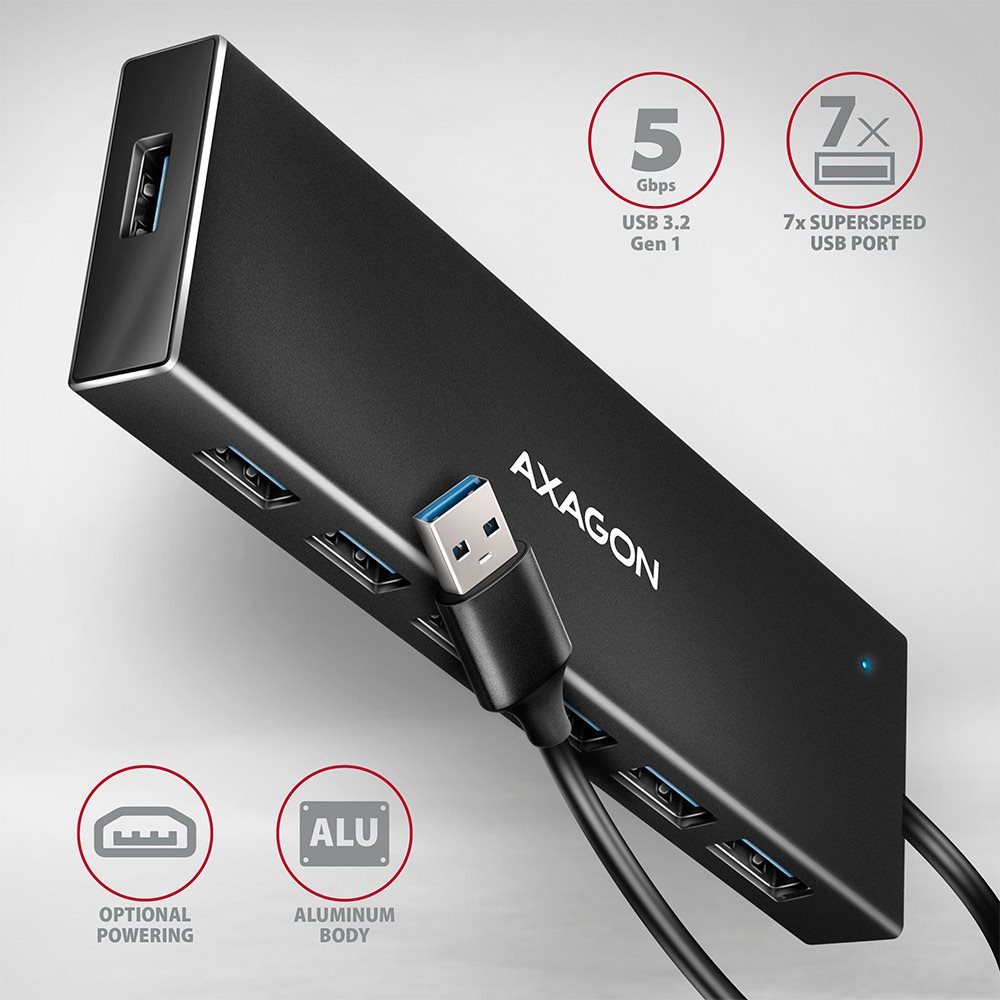 USB Hub AXAGON HUE-F7A CHARGING Hub, USB-A 5Gbps, 7x USB-A, micro USB power IN, USB-A cable 1 m ...