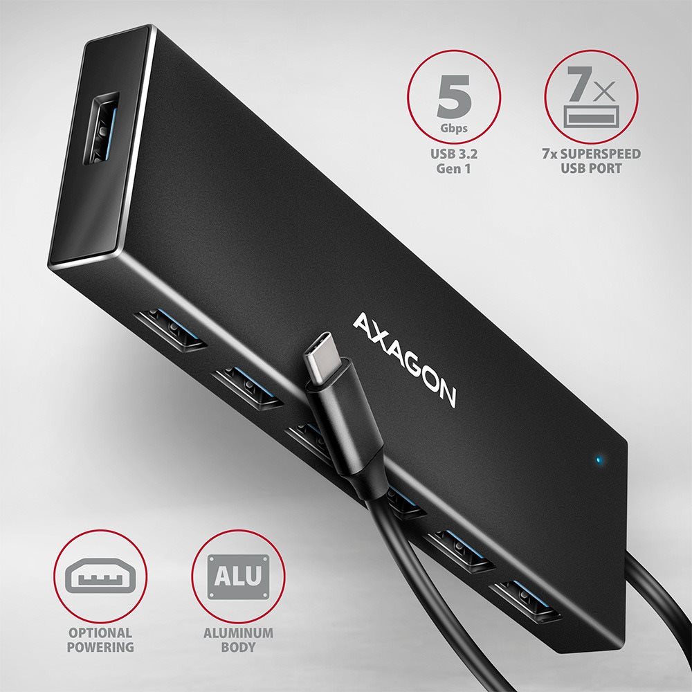 USB Hub AXAGON HUE-F7C CHARGING Hub, USB-C 5Gbps, 7x USB-A, micro USB power IN, USB-C cable 30 cm ...