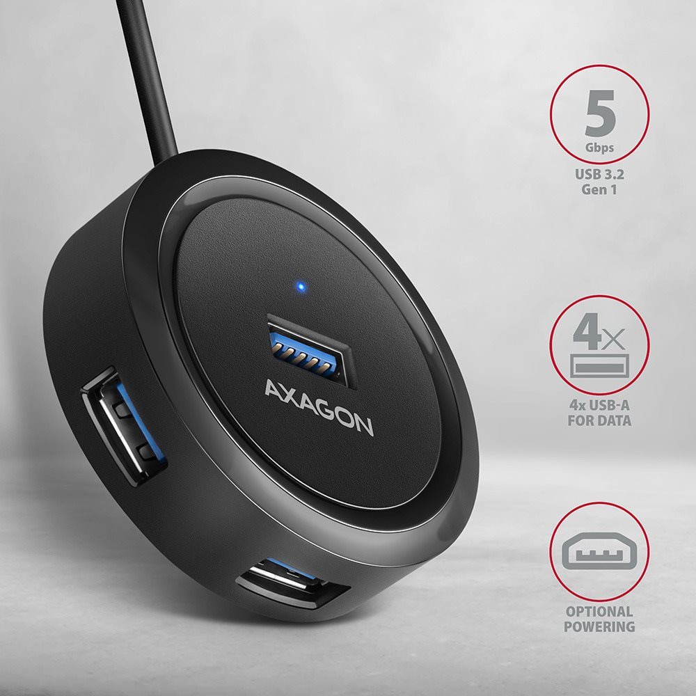 USB Hub AXAGON HUE-P1AL ROUND Hub, USB-A 5Gbps, 4x USB-A, micro USB power IN, USB-A cable 1.2 m ...