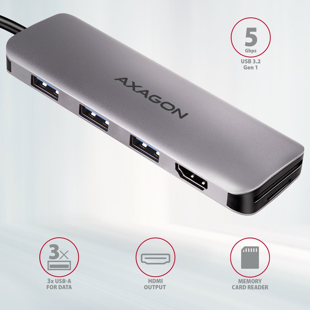 Dokovacia stanica AXAGON HMC-HCR3A 5-in-1 Hub, USB-C 5Gbps, 4× USB-A, HDMI 4k/30 Hz, SD/microSD, USB-C cable 20 cm ...