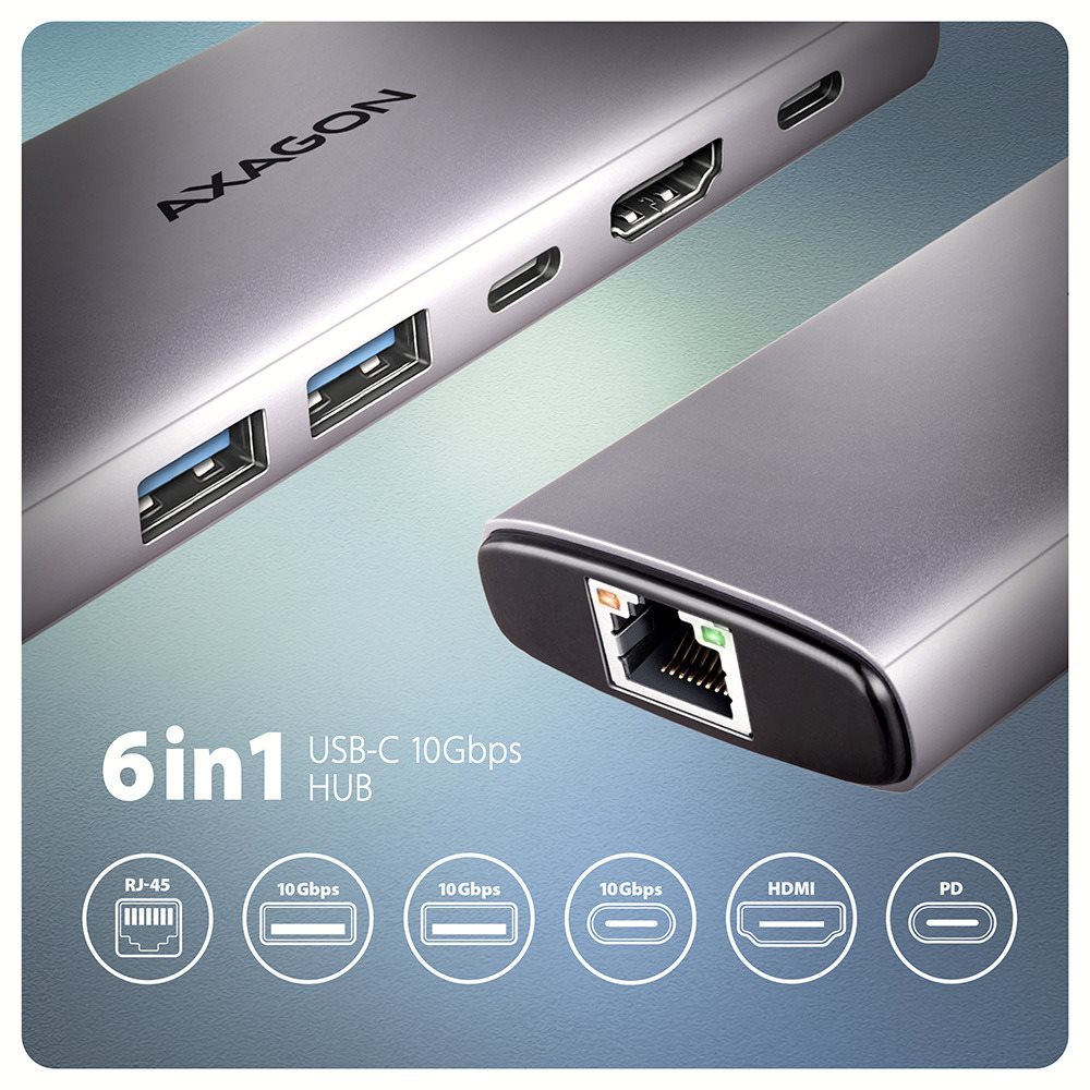 Dokkoló állomás AXAGON HMC-6G2L 6-in-1 Hub, USB-C 10Gbps, 2x USB-A, 1x USB-C, HDMI 4k/60Hz, RJ-45, PD 100W ...