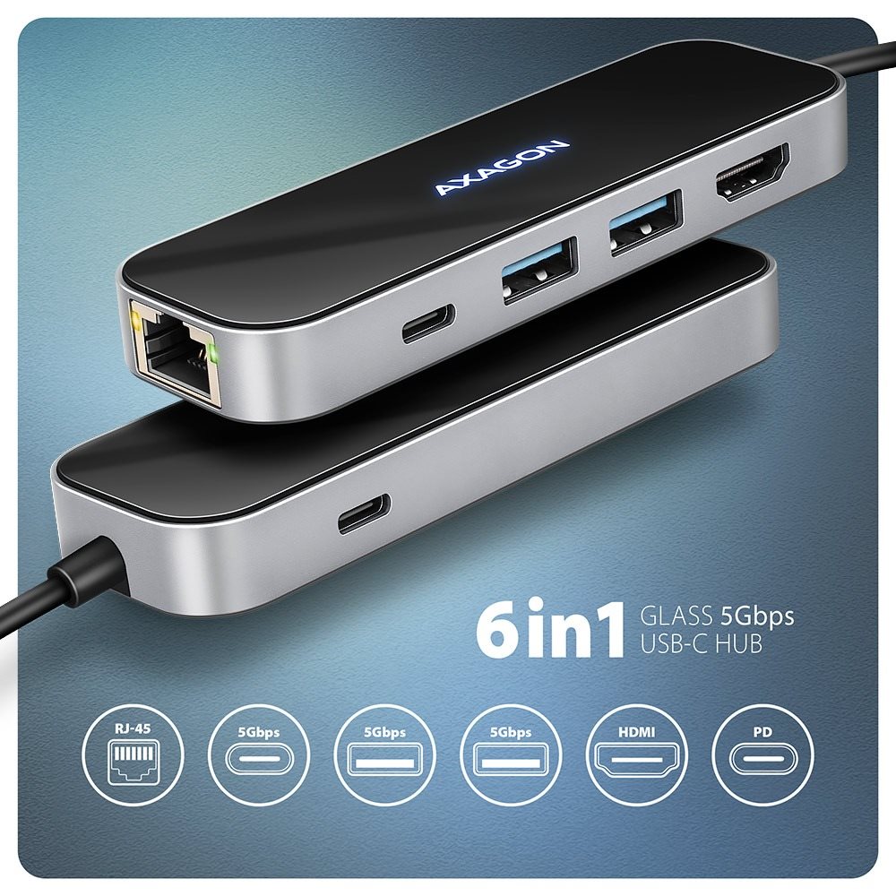 Dokkoló állomás AXAGON HMC-6GLN GLASS 6-in-1 Hub, USB-C 5Gbps, 2x USB-A, USB-C, HDMI 4k/60Hz, RJ-45, PD 100 W ...
