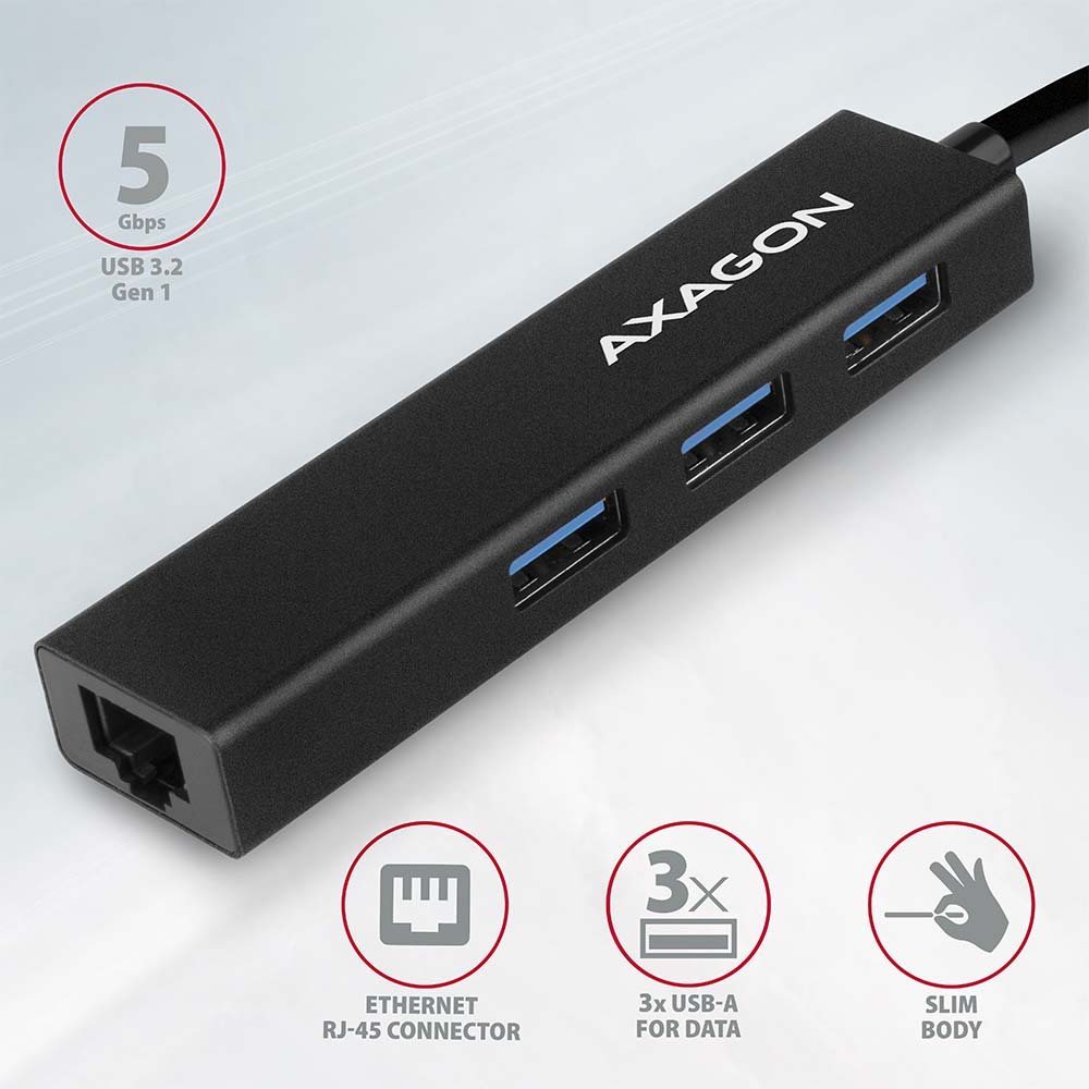 Dokkoló állomás AXAGON HMA-GL3A, USB-A to GLAN & 3-port Hub, Metal Black ...
