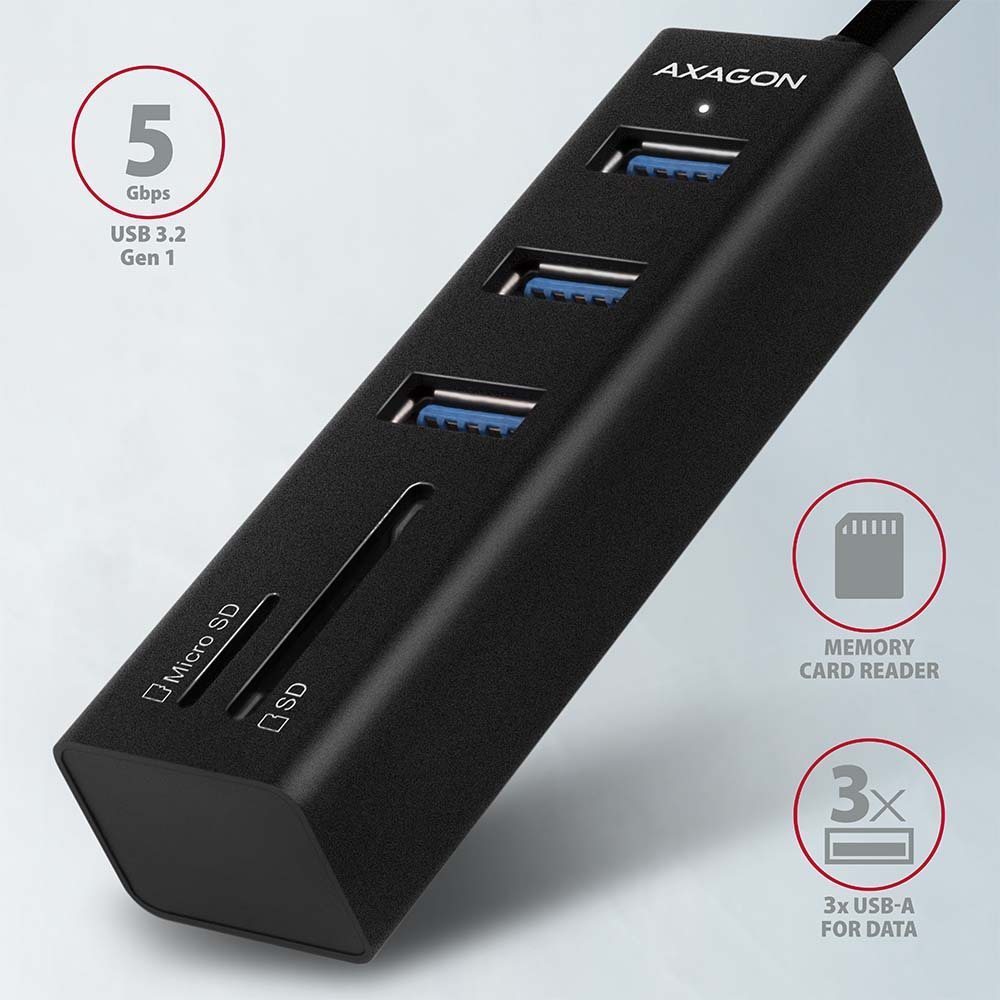 USB Hub AXAGON HMA-CR3A SuperSpeed hub, USB-A 5Gbps -> 3x USB-A & Card Reader, metal Lateral view