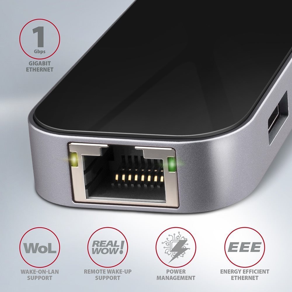 Dokovacia stanica AXAGON HMC-6GL 6-in-1 Hub, USB-C 5Gbps, 3x USB-A, HDMI 4k/30Hz, RJ-45, PD 100W, USB-C cable 20 cm Spodná strana