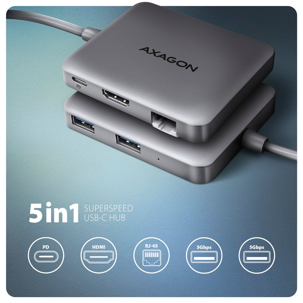 Dokovacia stanica AXAGON HMC-5HL 5-in-1 Hub, USB-C 5Gbps, 2× USB-A, HDMI 4k/60Hz, RJ-45, PD 100 W, USB-C cable 20 cm ...