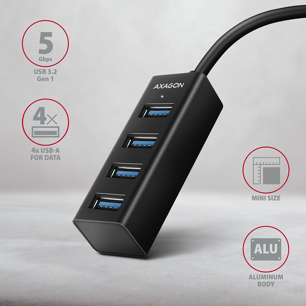 USB Hub AXAGON HUE-M1AL SuperSpeed USB-A > 4-port MINI Hub, Metal, 1.2m Cable Lateral view
