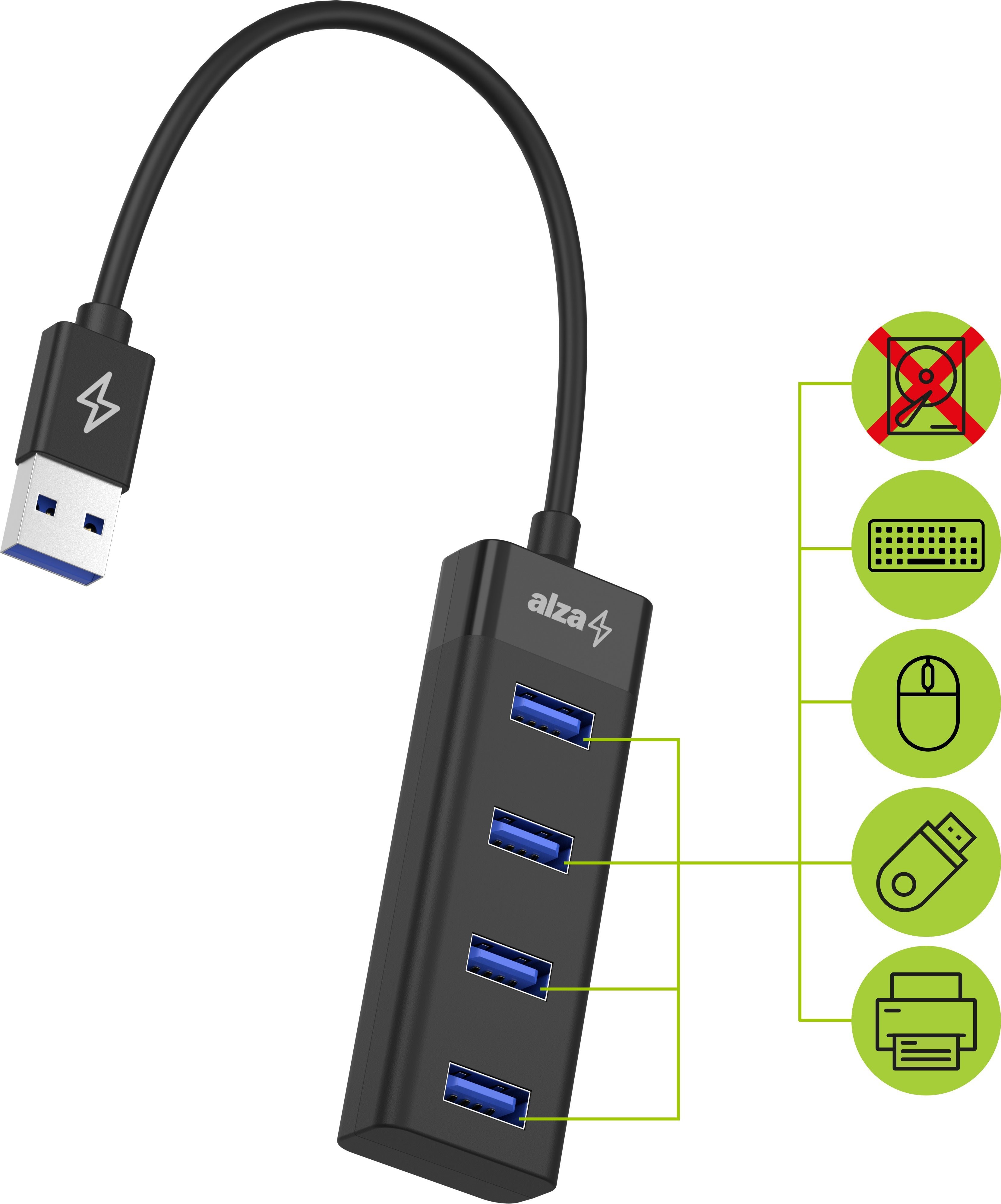 USB Hub AlzaPower Core USB-A (M) to 4× USB-A (F) Black Lateral view