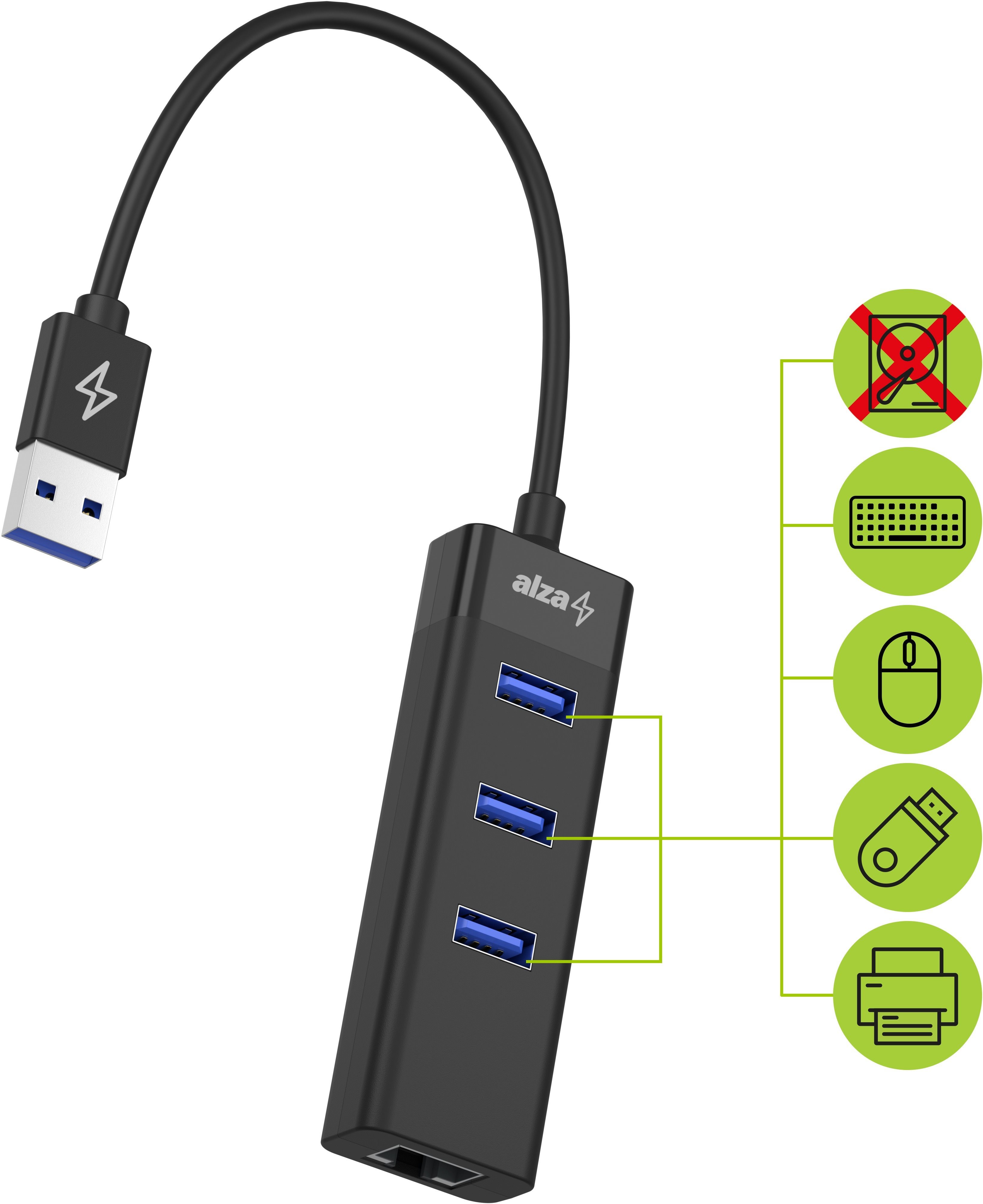 USB Hub AlzaPower Core USB-A (M) to 3× USB-A (F) with LAN Black Lateral view