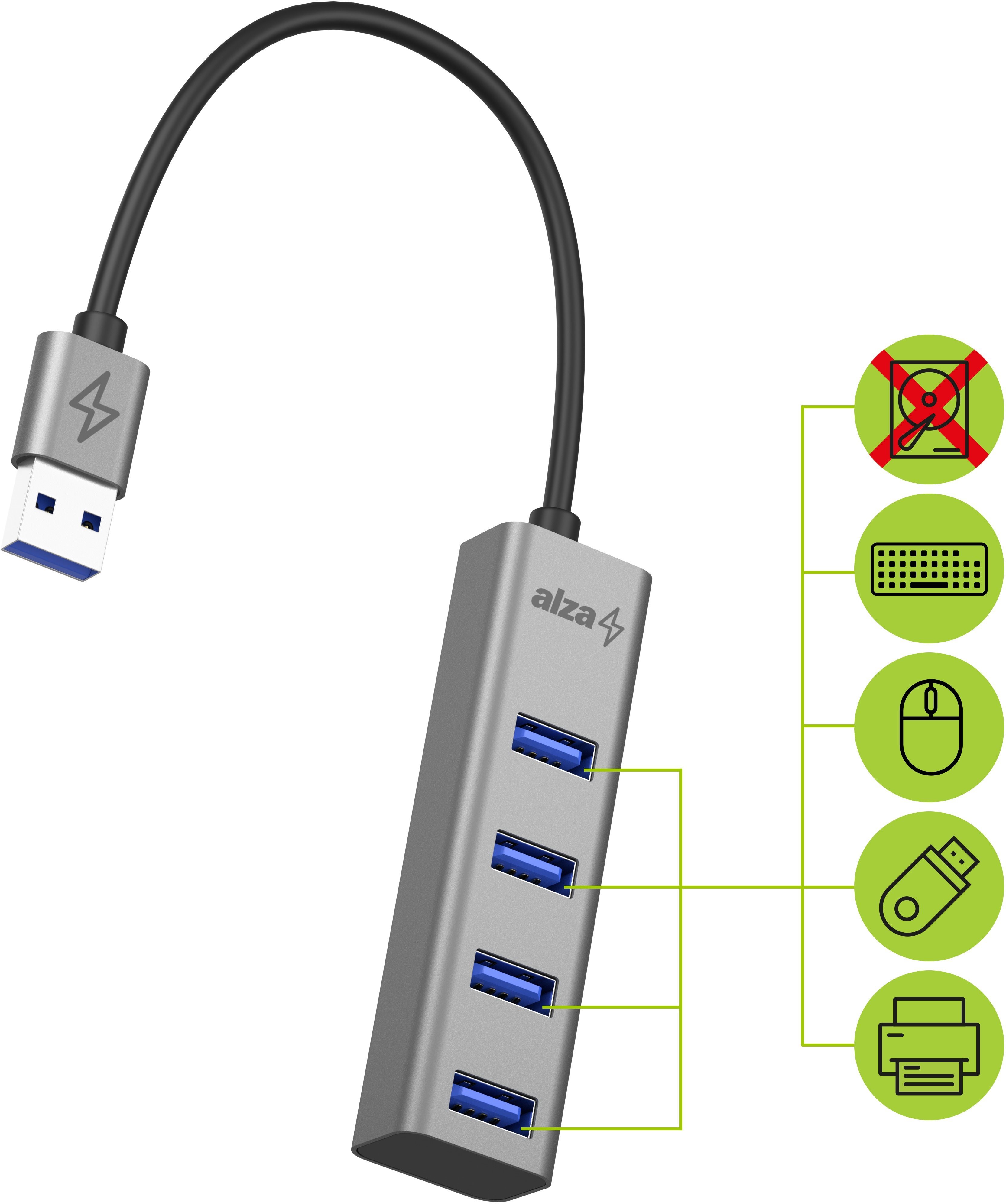 USB Hub AlzaPower AluCore USB-A (M) to 4× USB-A (F) space grey Lateral view