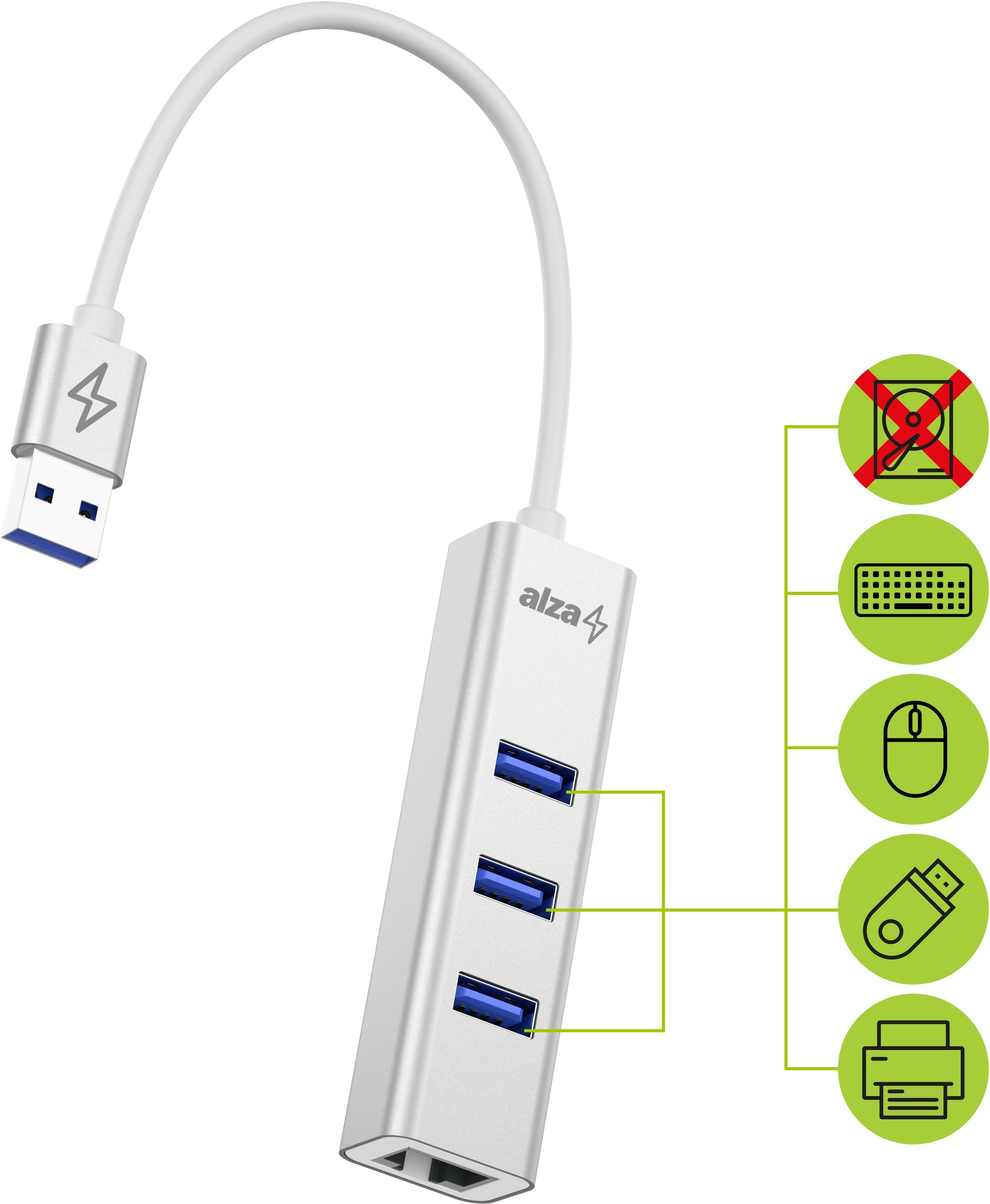 USB Hub AlzaPower AluCore USB-A (M) to 3× USB-A (F) with LAN Silver Lateral view
