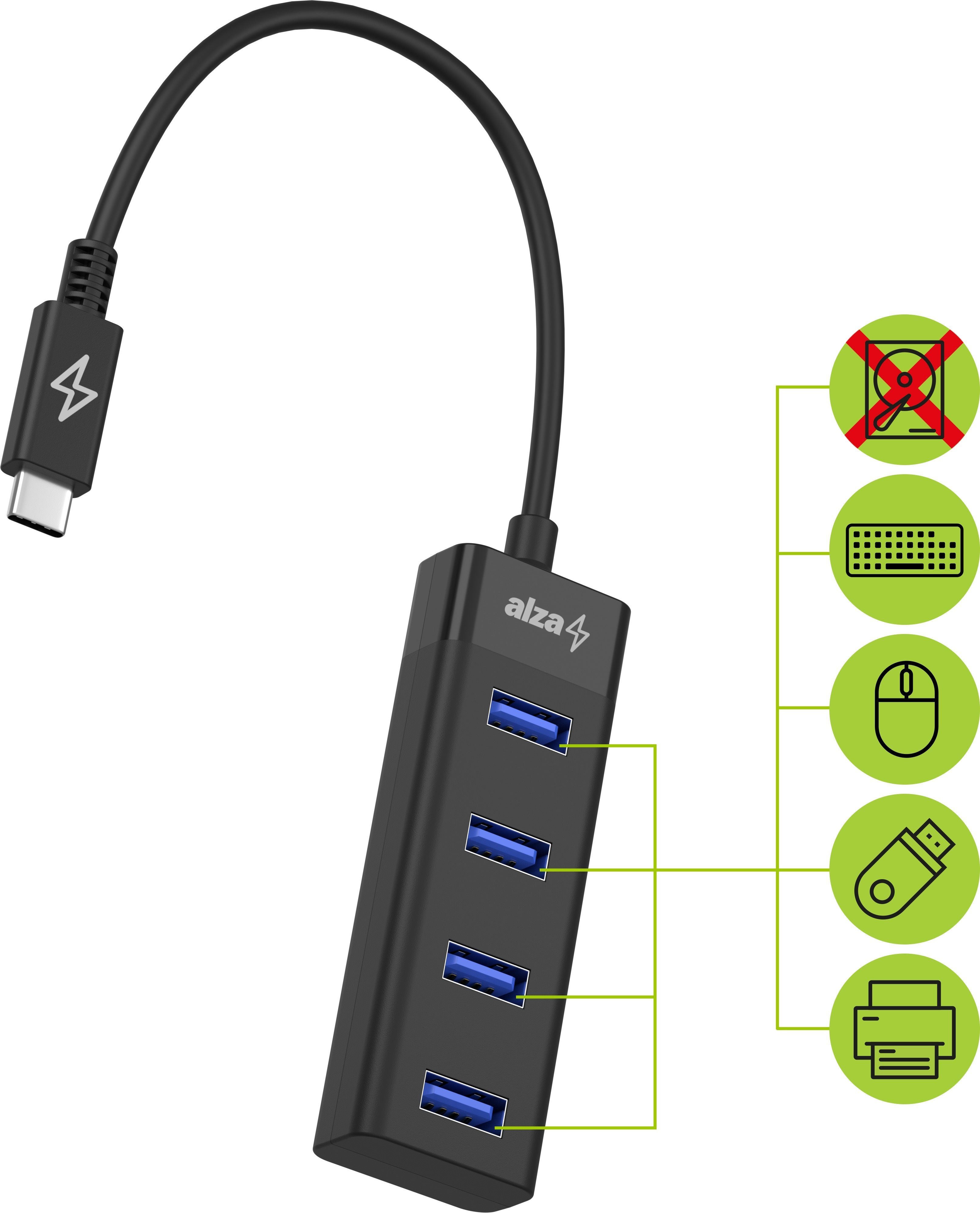 USB Hub AlzaPower Core USB-C (M) to 4× USB-A (F) Black Lateral view
