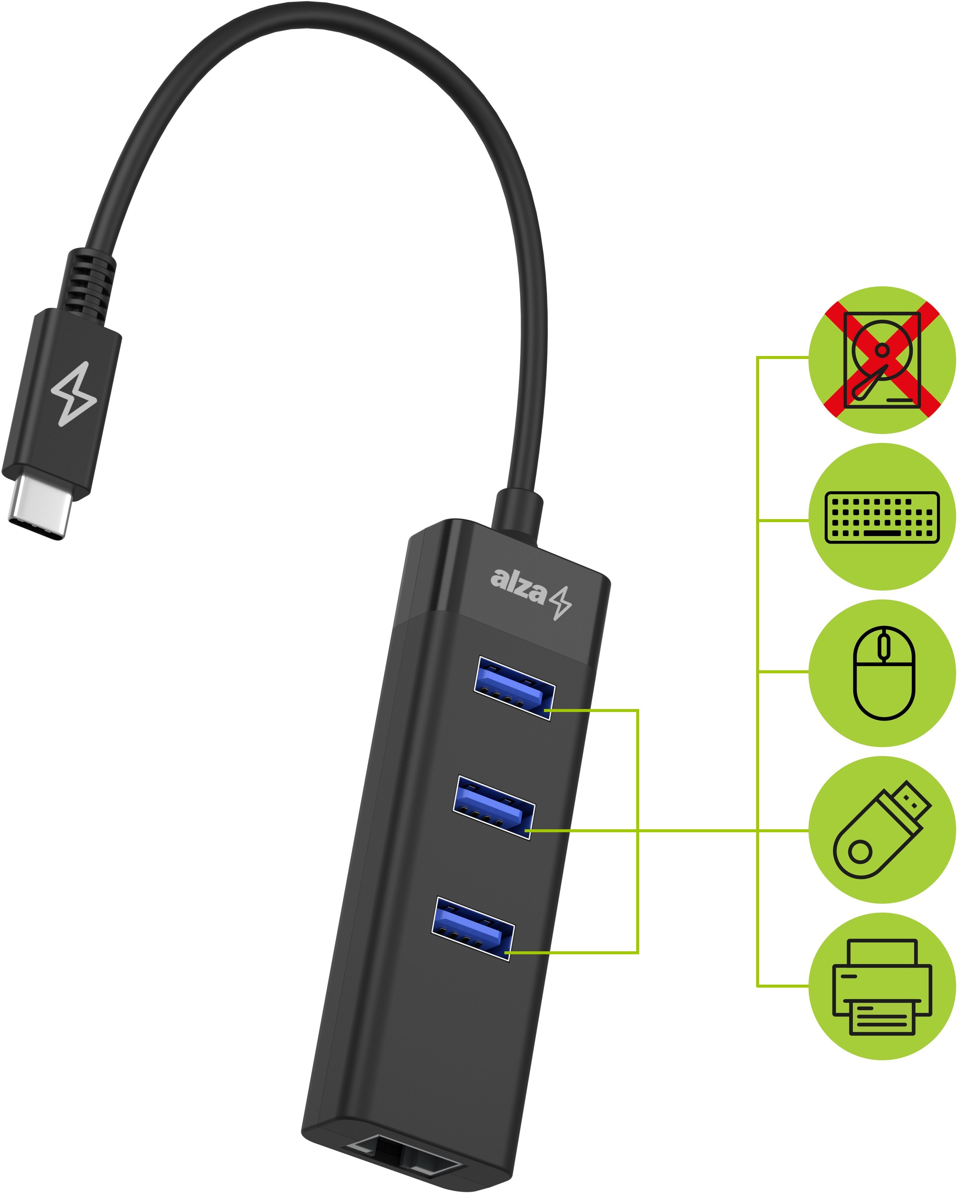 USB Hub AlzaPower Core USB-C (M) to 3× USB-A (F) with LAN Black Lateral view