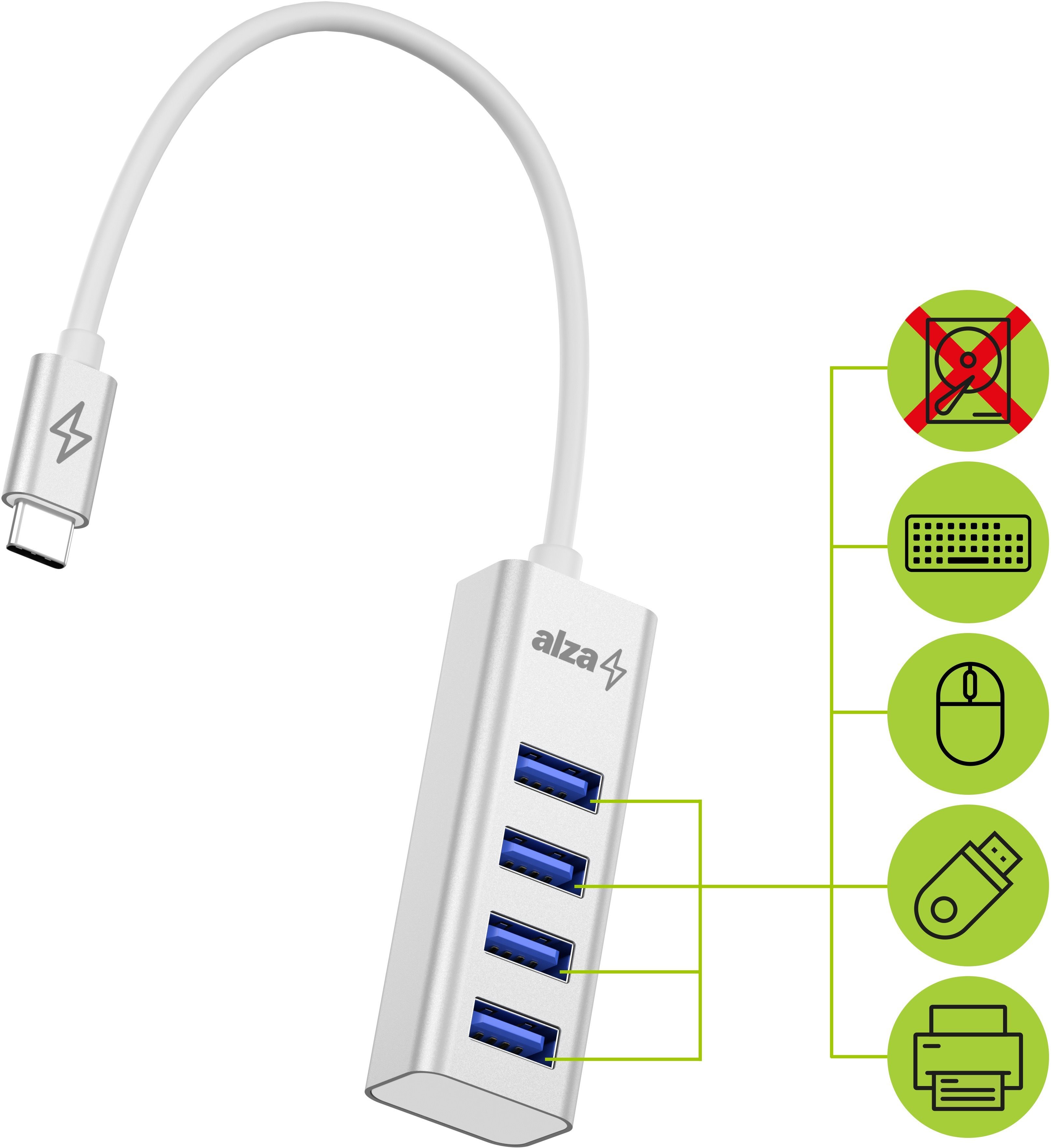USB Hub AlzaPower AluCore USB-C (M) to 4× USB-A (F) Silver Lateral view