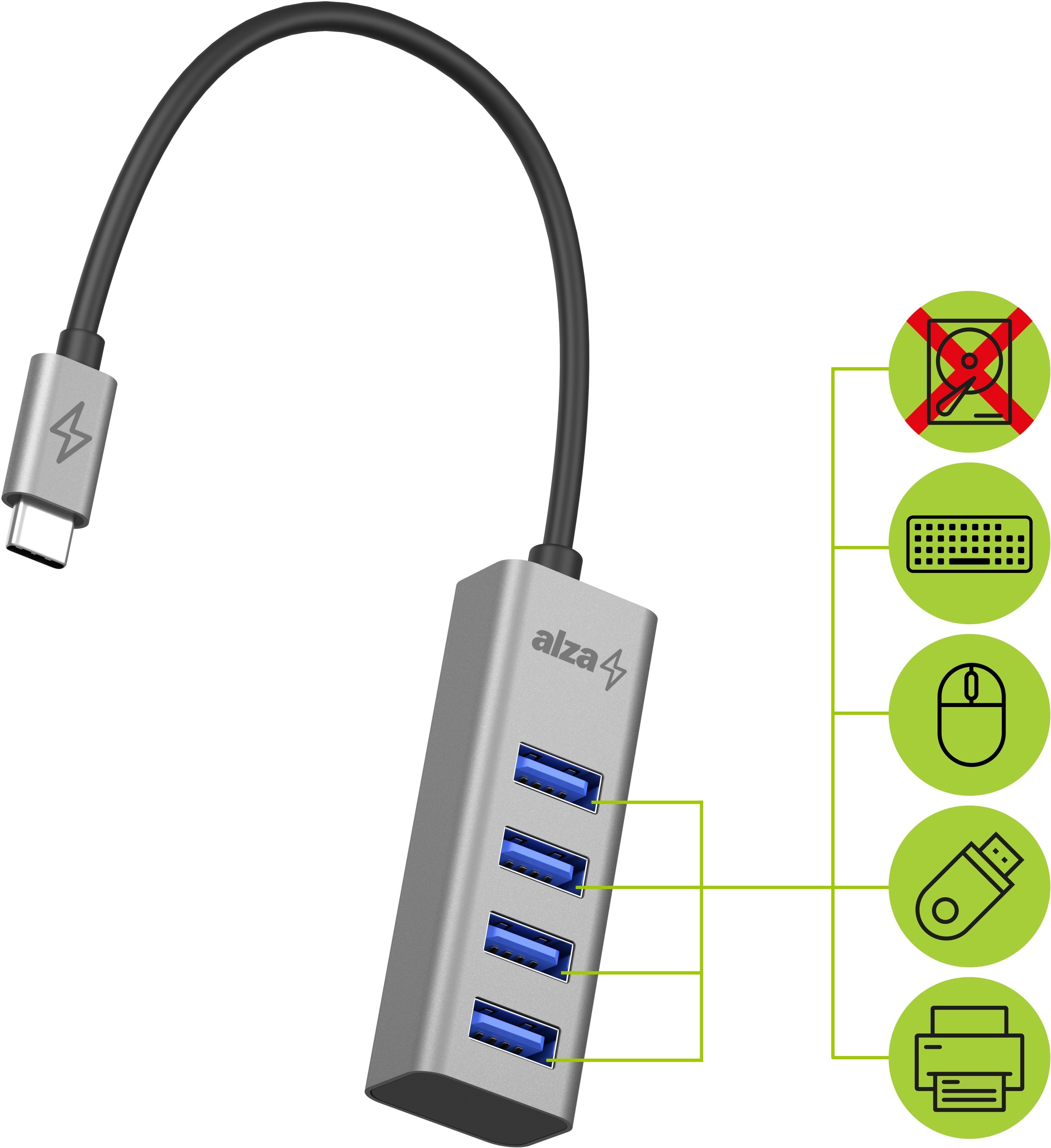 USB Hub AlzaPower AluCore USB-C (M) to 4× USB-A (F) space grey Lateral view