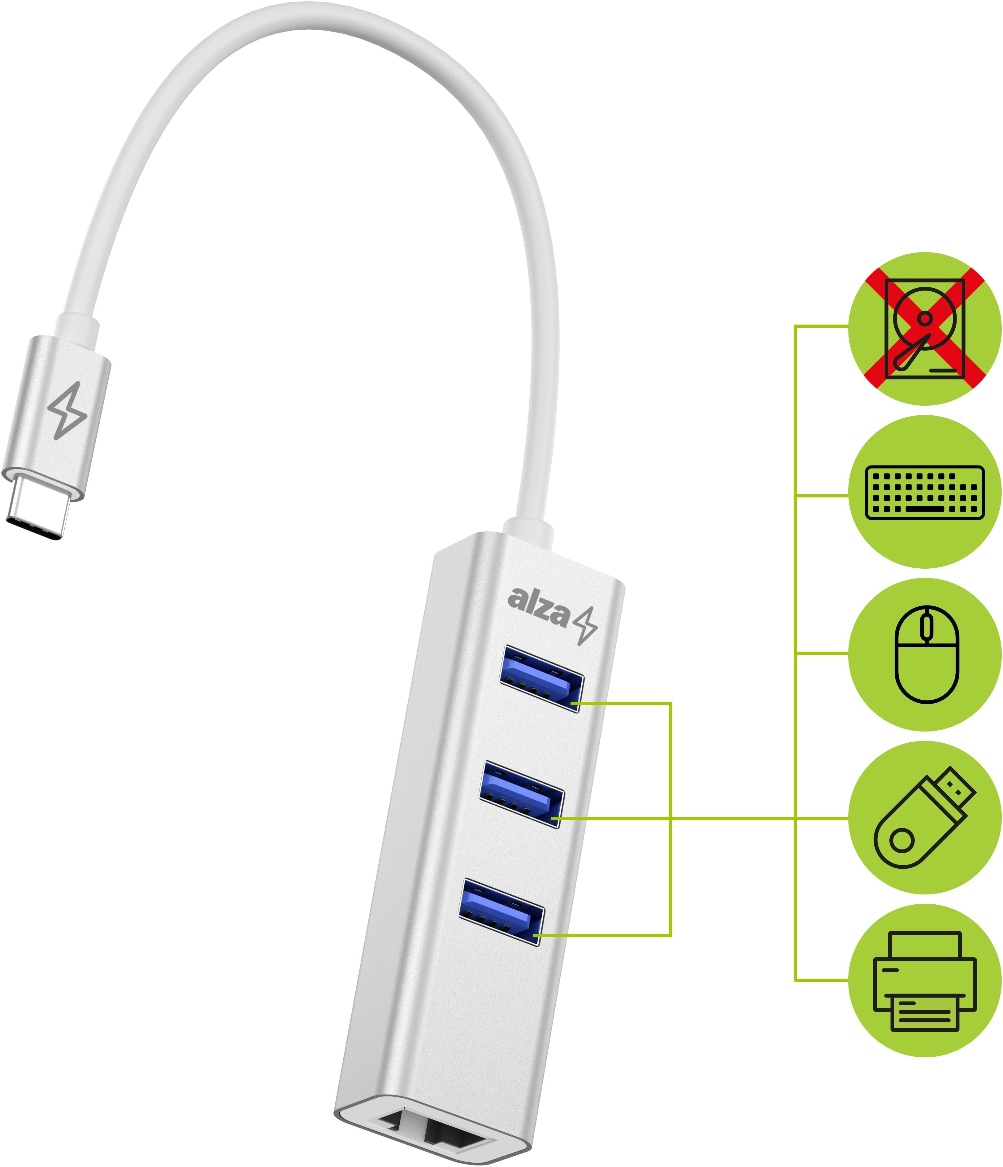 USB Hub AlzaPower AluCore USB-C (M) to 3× USB-A (F) with LAN Silver Lateral view