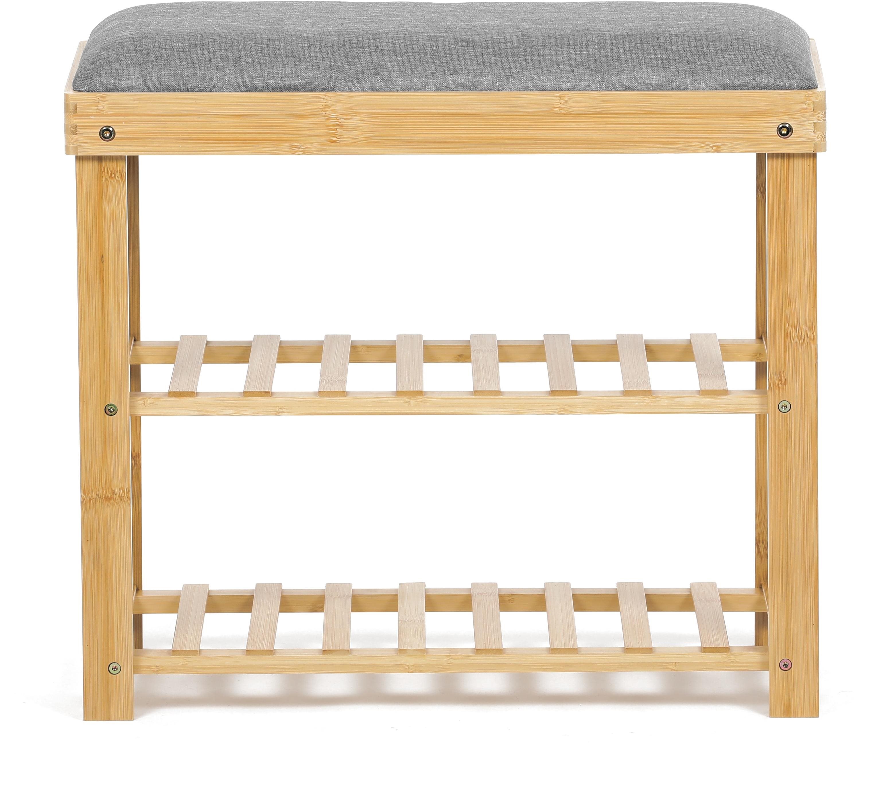Shoe Rack Shoe rack / bench, 2 shelves, solid bamboo, natural shade, grey fabric ...