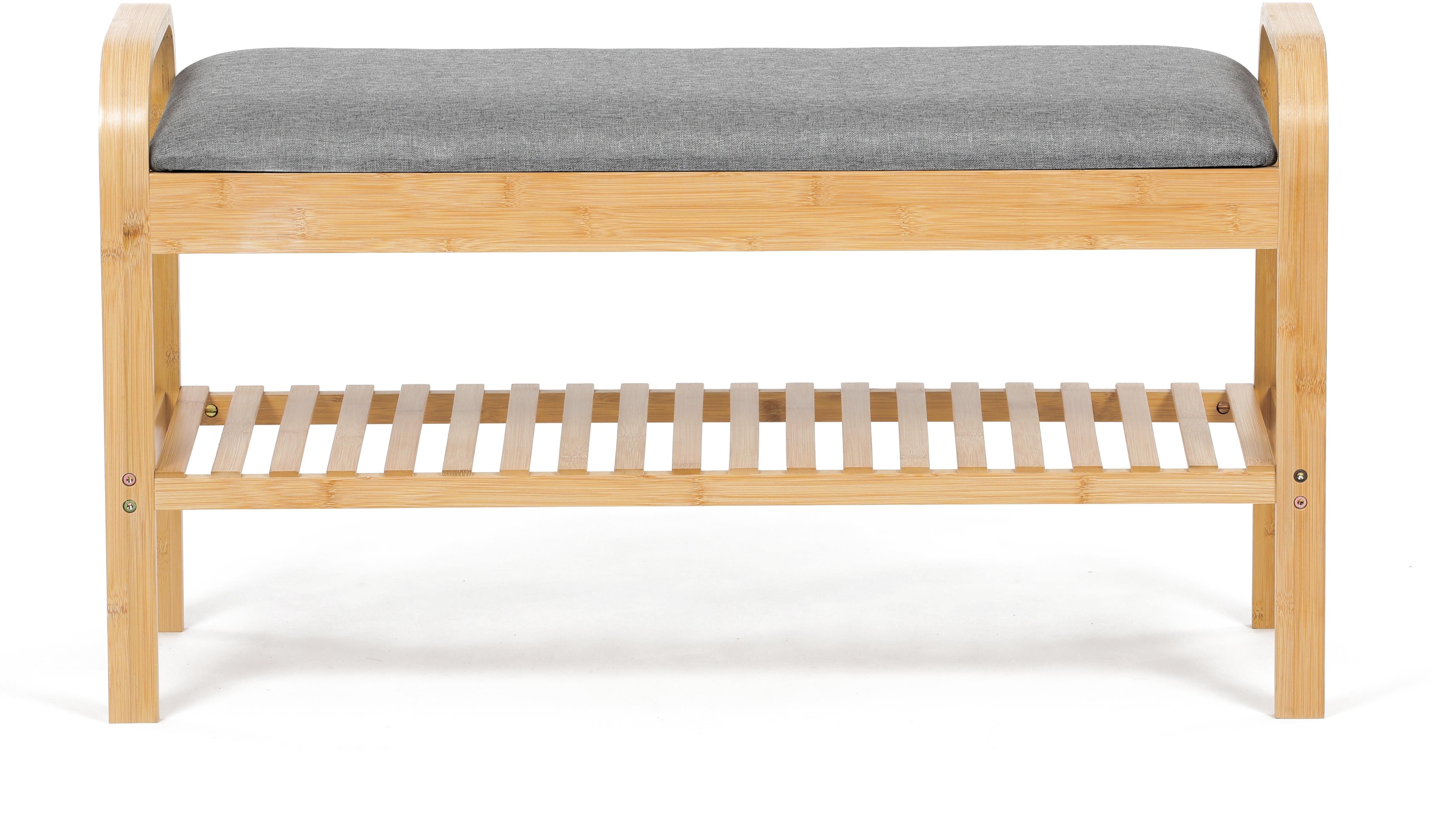 Shoe Rack Shoe rack / stool, shelf, solid bamboo, natural shade, grey fabric N1016 ...