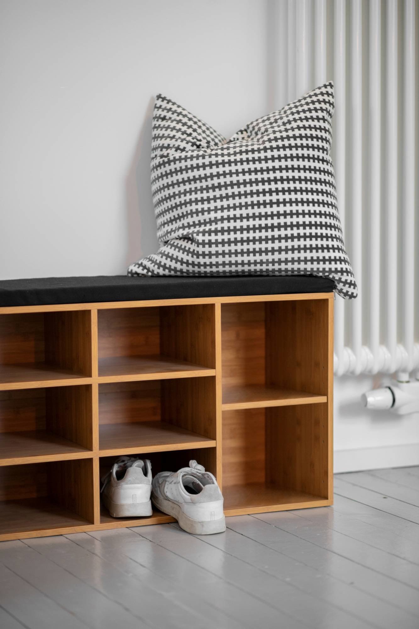 Shoe Rack Wenko LOFT Shoe rack with seat in black fabric, brown ...