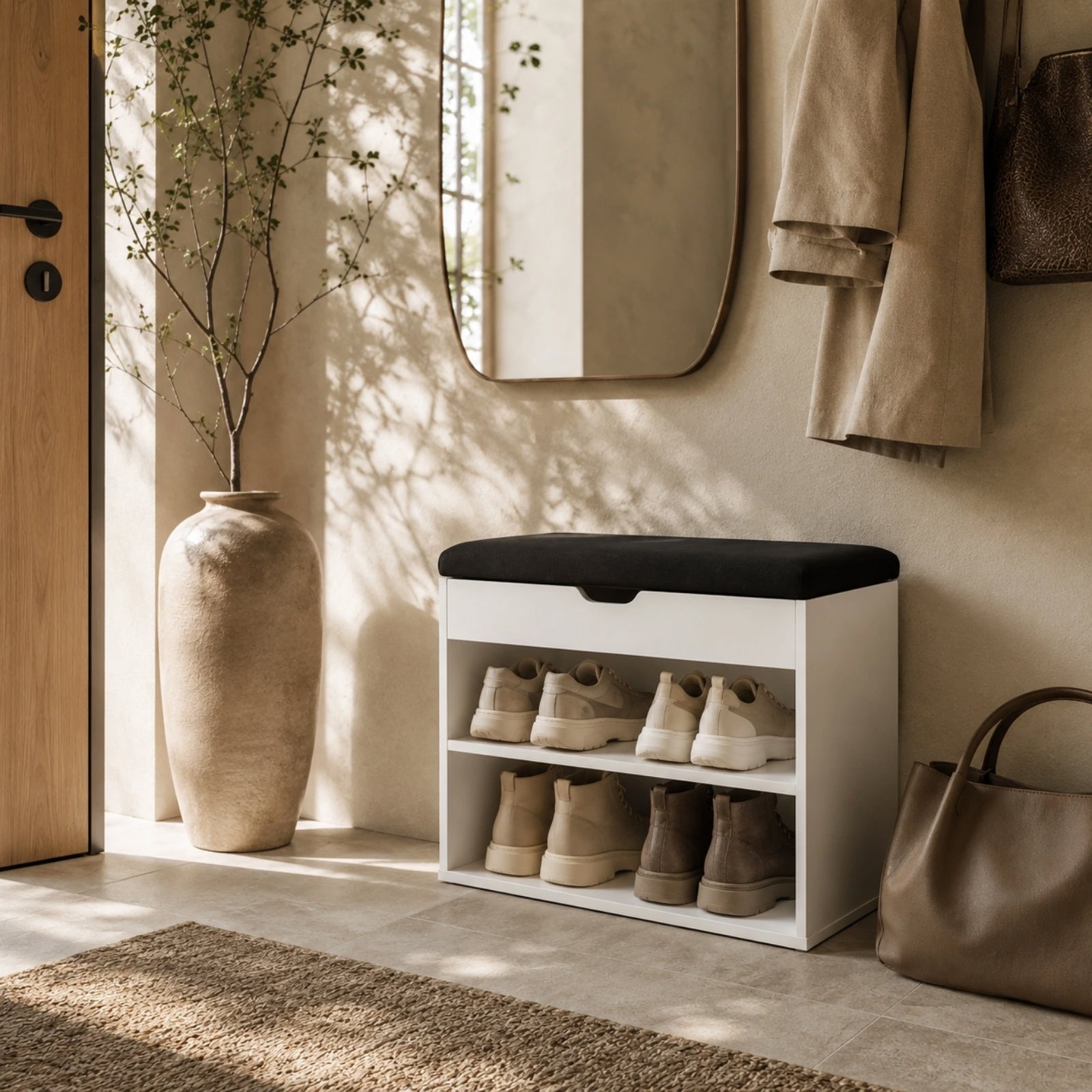 Shoe Rack BOXIMO White shoe rack with seat LEVA, 60 x 30 x 47cm ...