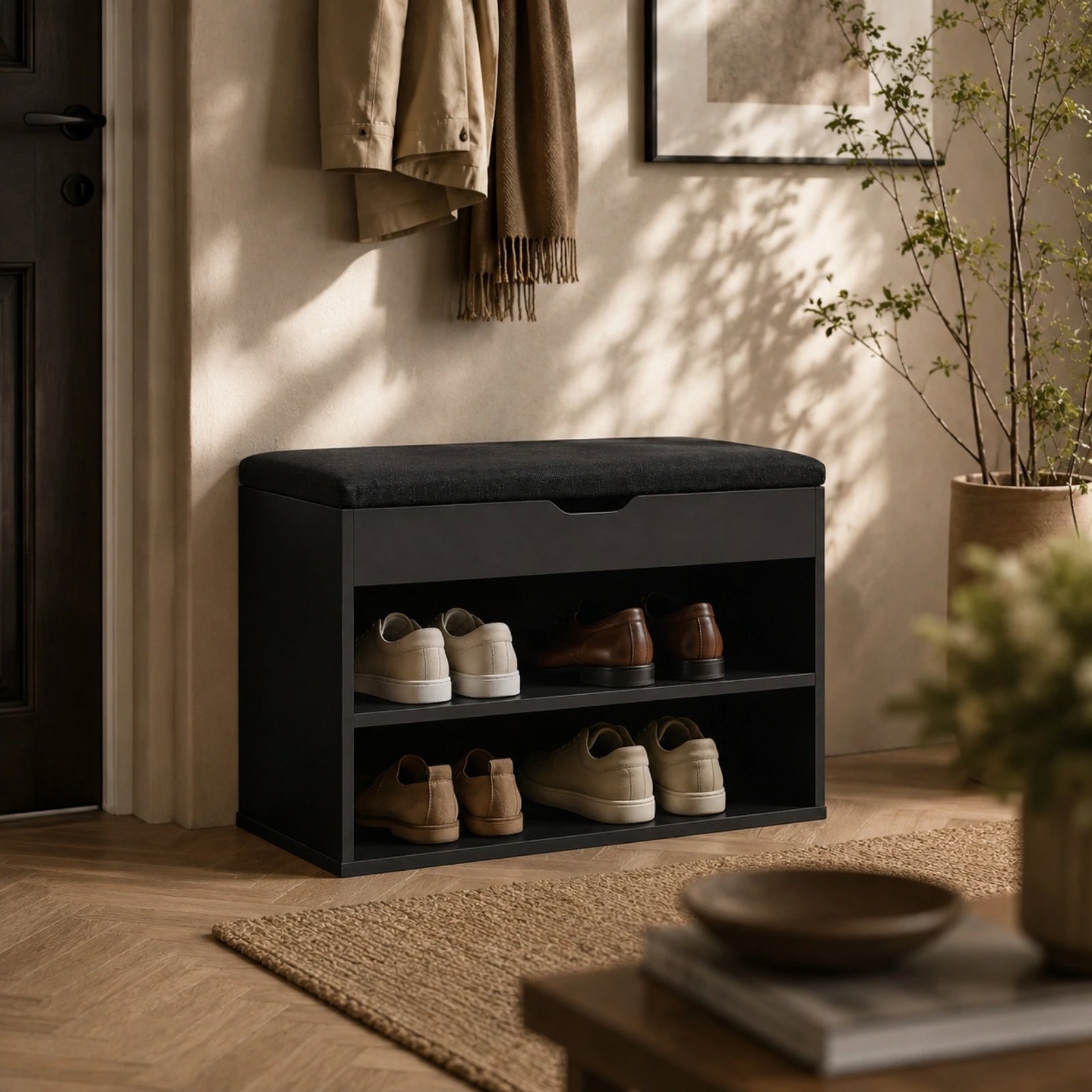 Shoe Rack BOXIMO Vault Shoe rack with seat 60 × 30 × 47cm, black ...