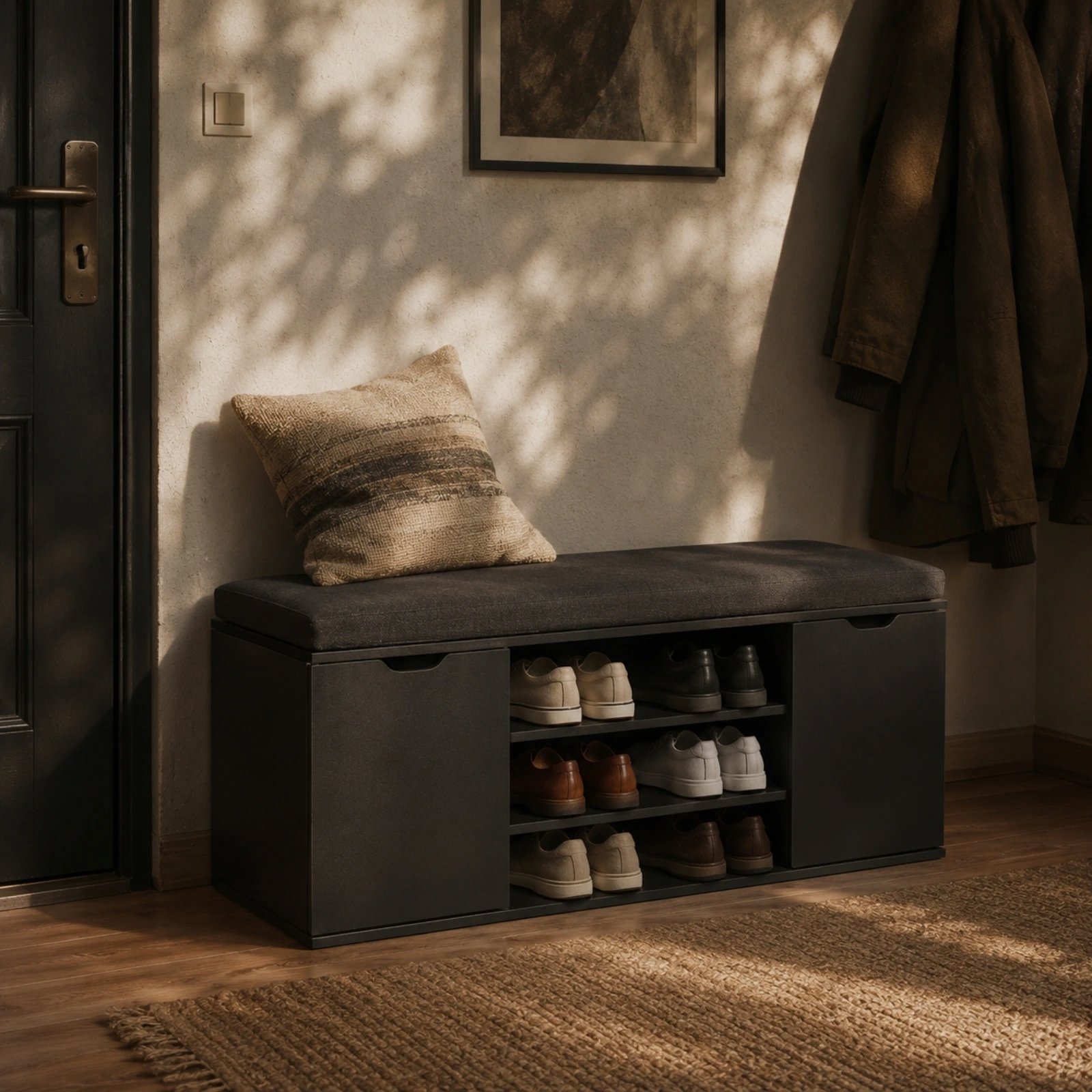 Shoe Rack BOXIMO Porta Shoe rack with seat 103 × 30 × 46 cm, black ...
