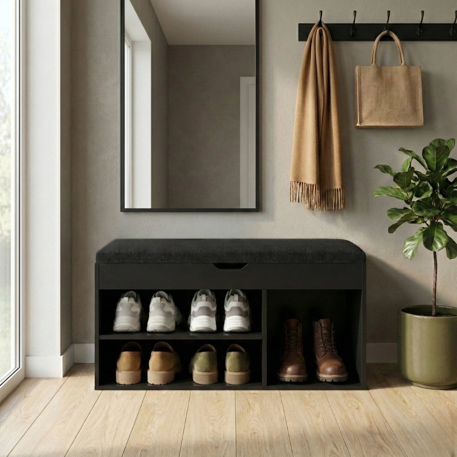 Shoe Rack BOXIMO Shoe rack with seat TRIA, 80 × 43 × 30 cm, black ...