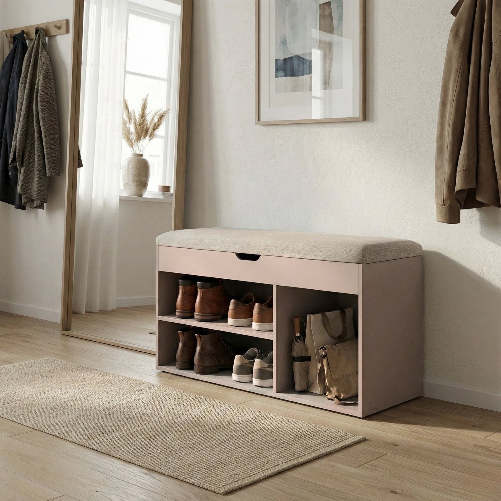 Shoe Rack BOXIMO Shoe rack with seat TRIA, 80 × 43 × 30 cm, beige ...