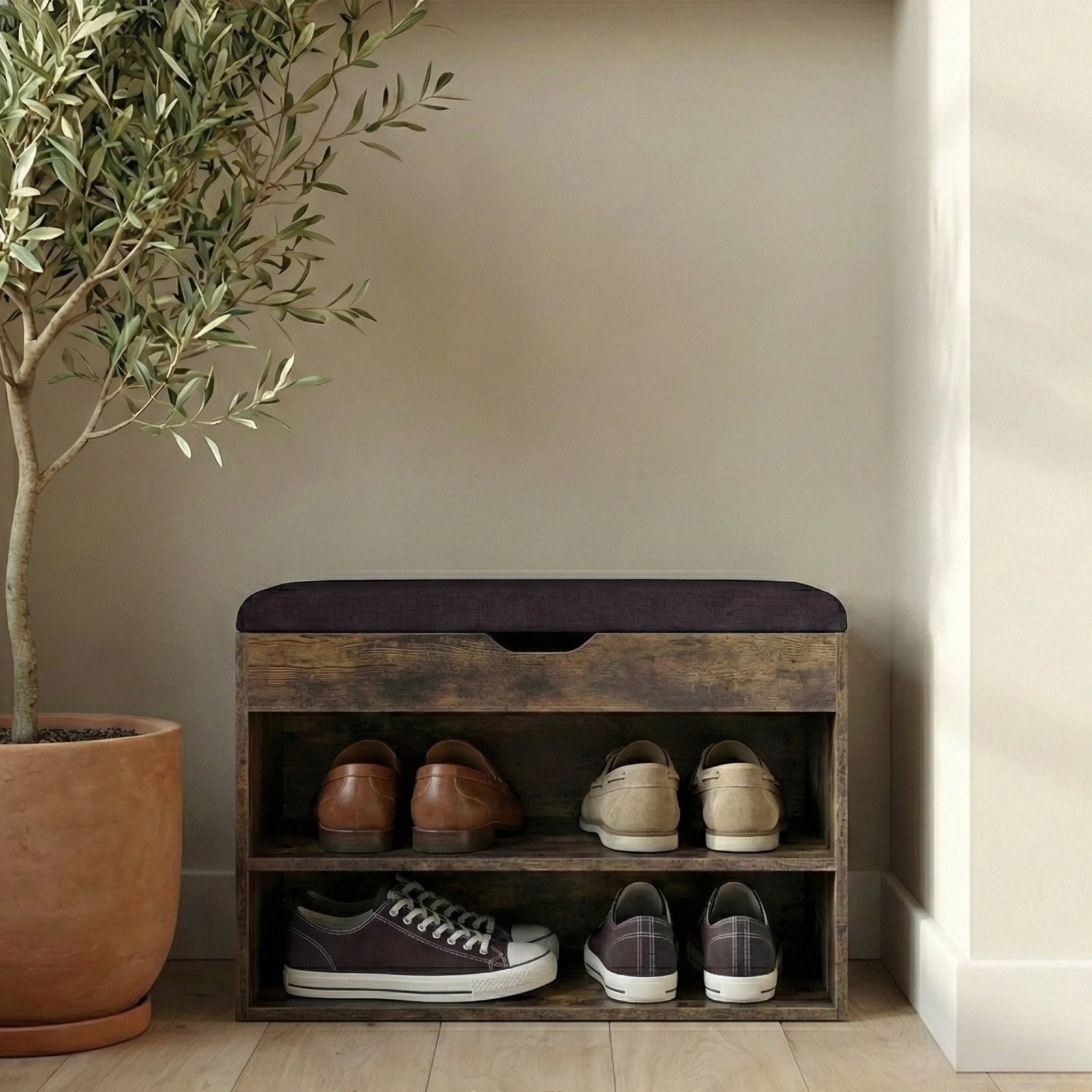 Shoe Rack BOXIMO Shoe rack white with seat LEVA, 60 × 30 × 47 cm, brown ...