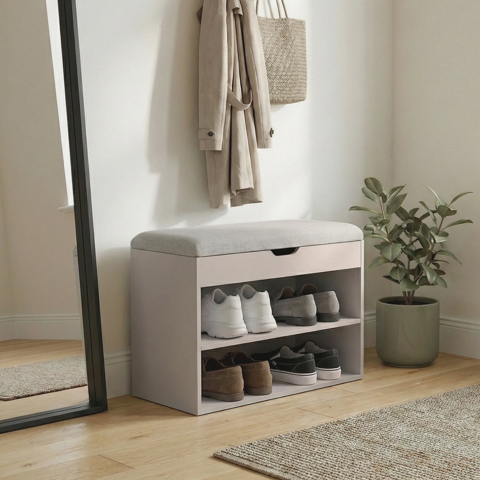 Shoe Rack BOXIMO Shoe rack white with seat LEVA, 60 × 30 × 47 cm, beige ...