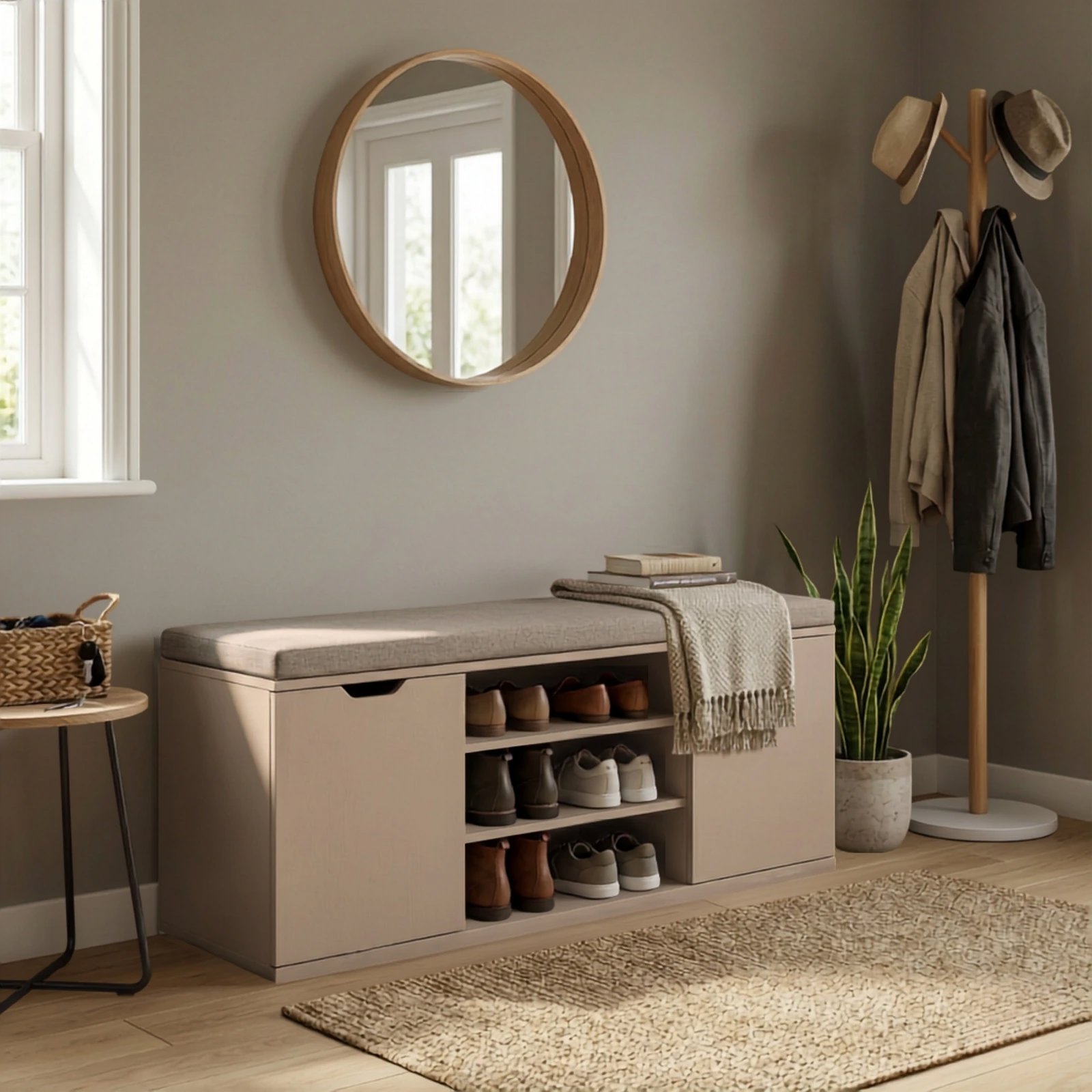 Shoe Rack BOXIMO White shoe rack with seat PORTA, 103 × 30 × 46 cm, beige ...